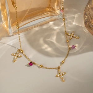 18K gold stainless steel cross necklace featuring natural stones and sparkling crystals