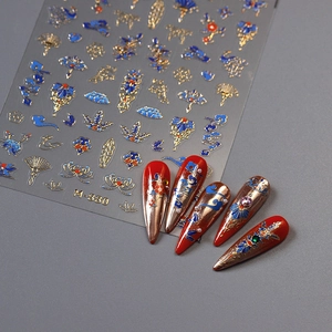 Autocollants Art Des Ongles Style Chinois Feuille D'or Gaufré Design Tridimensionnel Motif Papillon Éventail Autocollant Décoration De Luxe