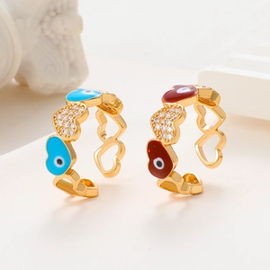 14k gold plated heart rings with blue and red evil eye enamel and zircon stones