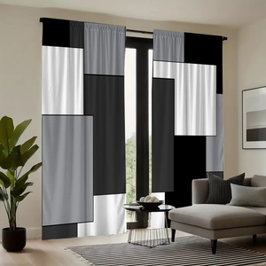 Detail view of modern geometric curtains with black white and grey polyester panels