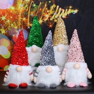 Set of 5 lighted Christmas gnomes with sequin hats and plush beards for holiday decor