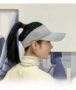 Detail view of grey knitted sun visor for women with pink SPORT embroidery on the side