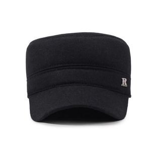 Winter men's thermal flat top military hat with ear protection and metal R logo