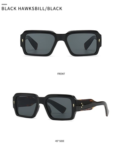 Front and side view of vintage black square sunglasses with gold metal accents