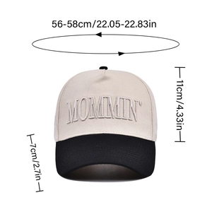 Women's MOMMIN' embroidery baseball cap with size chart and two-tone beige black design