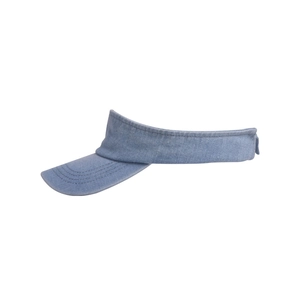 Macro view of light blue washed cotton denim sun visor with decorative stitching