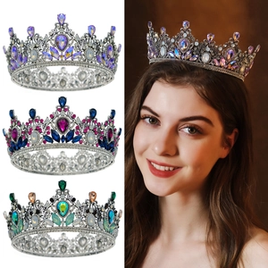 Baroque bridal crown set with colorful rhinestones in purple, red, and green designs