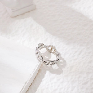 Macro shot of polished silver chain link ring with anchor design on white display