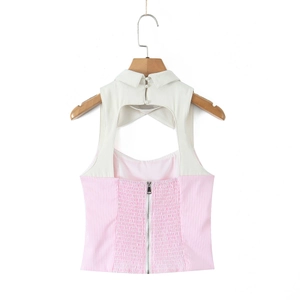 Detail view of pink striped halter top with back metal zipper and smocked elastic texture