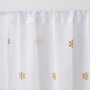 White semi-sheer Christmas curtains with gold embroidered snowflakes and rod pocket top