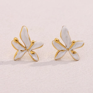Flower Stud Earrings 18K Gold Plated Stainless Steel White Enamel French Style Simple Elegant Jewelry For Women