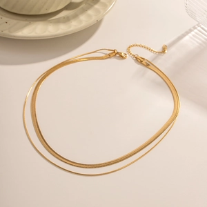 Collier double rang en acier inoxydable plaqué or 18K avec chaîne serpent unisexe