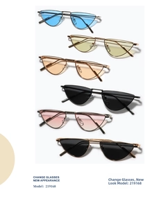 Flat lay of retro metal cat eye sunglasses in various colorful lenses and frames