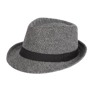 Classic houndstooth wool fedora hat with black grosgrain ribbon for men in winter
