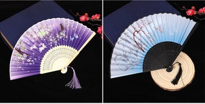 Classic Chinese folding fans with cherry blossom rabbit and floral ink print details