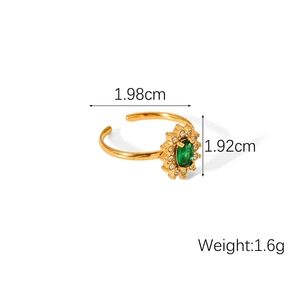 Macro view of gold stainless steel ring with green oval stone and zircon halo detail