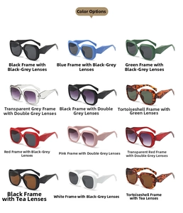 Macro detail of oversized geometric sunglasses collection in 12 vibrant color options