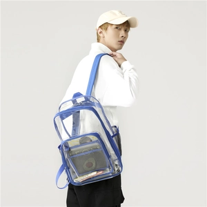 Transparent blue waterproof PVC backpack for travel with large capacity and mesh pockets