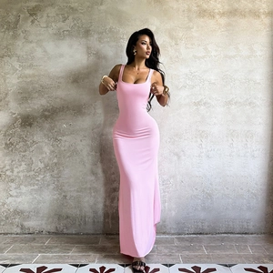 Detail view of pink bodycon maxi dress with backless bow design and square neckline