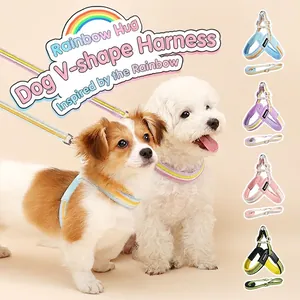 Hondentuigje Ademend Mesh Regenboogstrepen V-Hals Verstelbaar PU-Leer Polyester Voor Kleine Middelgrote Honden Katten