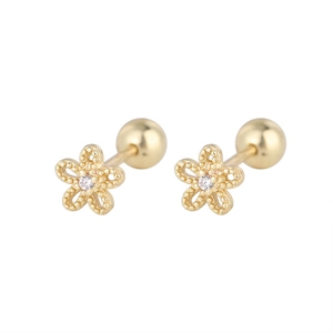 Detail of flower stud earrings with milgrain edges, CZ center, and screw back design