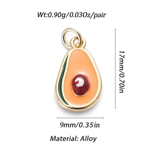 Detailed view of enamel avocado pendant dimensions 17x9mm in gold-plated alloy