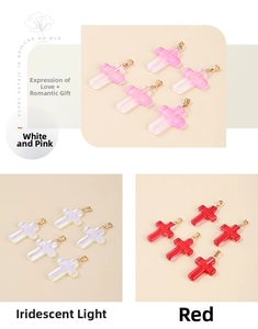 Detailed view of colorful glass cross pendants in pink, laser, and red finishes