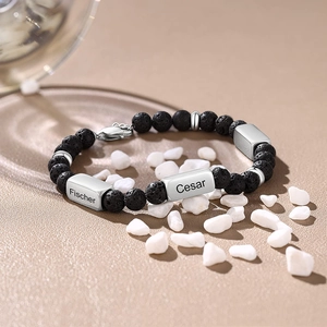 Customized lava stone bracelet for men with laser engraved stainless steel name beads