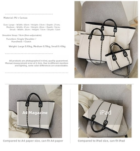Detailed size comparison of three canvas and PU leather bucket tote bags with chain straps