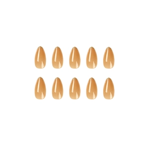 Almond-shaped press-on nails in nude skin tone with gold glitter French tip finish