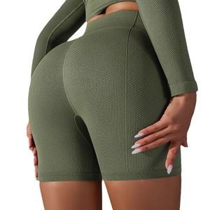 Short de yoga sans couture vert olive à taille haute avec texture en nid d'abeille et effet liftant