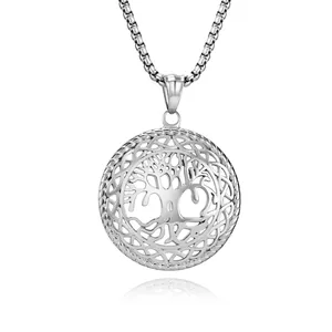 Vintage Tree Of Life Stainless Steel Pendant Necklace Hollow Round Celtic Knot Pendant Polished Metal Jewelry For Men Women