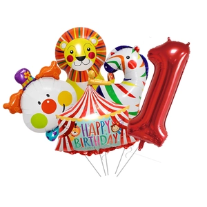 Set de ballons cirque avec lion, zèbre, clown et ballon chiffre 1 rouge en alu