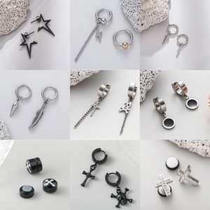 Men Stainless Steel Asymmetric Earrings Punk Hip Hop Gothic Style Jewelry Lightning Skull Cross Star Feather Charms