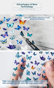 Makro-Detail von Schmetterlings-Nagelaufklebern TS-122 mit lebhaften Farben und ultradünner Textur