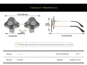 Detailed size chart for mushroom rimless sunglasses with frame and lens measurements