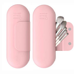 Pink silicone makeup brush travel holder with magnetic closure and 5 brushes