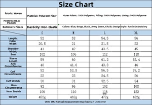 Detailed size chart for quilted embroidered jacket including dimensions and fabric info