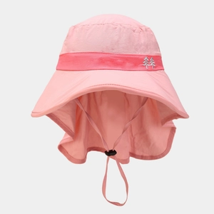 Pink kids sun hat with wide brim and neck flap protection for beach outdoor use