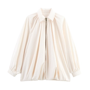 Women's chic beige puff jacket with textured pleated fabric and front zipper closure