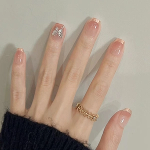 Short Square Press On Nails Pink Gradient French Style With Rhinestone Butterfly Decor Artificial False Nails For Women