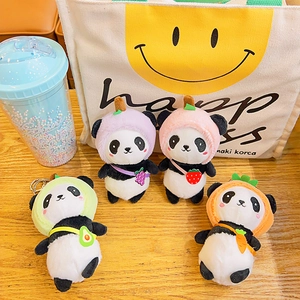 Cute panda plush keychains with fruit hats including avocado strawberry and grape styles