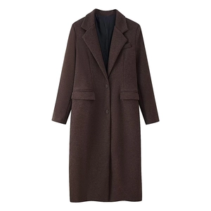 Elegant long dark brown wool coat for women with classic lapel and double-breasted buttons