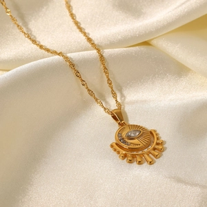 Collier en acier inoxydable plaqué or 18 carats avec pendentif œil sur tissu en soie blanc