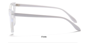 Side view of white cat-eye glasses frame with transparent lenses and sleek temples