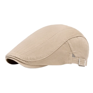Classic beige cotton newsboy cap with adjustable metal buckle on a plain white background