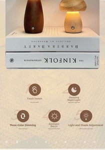 Macro detail of wooden mushroom lamps with metallic touch sensors and three-color dimming