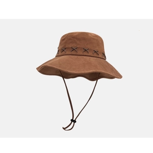 Brown western cowboy sun hat with cross stitching and adjustable windproof chin strap