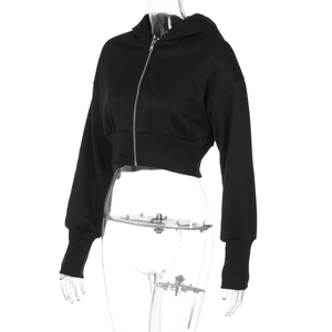 Close-up of black hooded cardigan featuring high-quality metal zipper and ribbed cuffs
