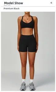 Détail de l'ensemble de yoga noir recyclé avec soutien-gorge col V et short à taille haute